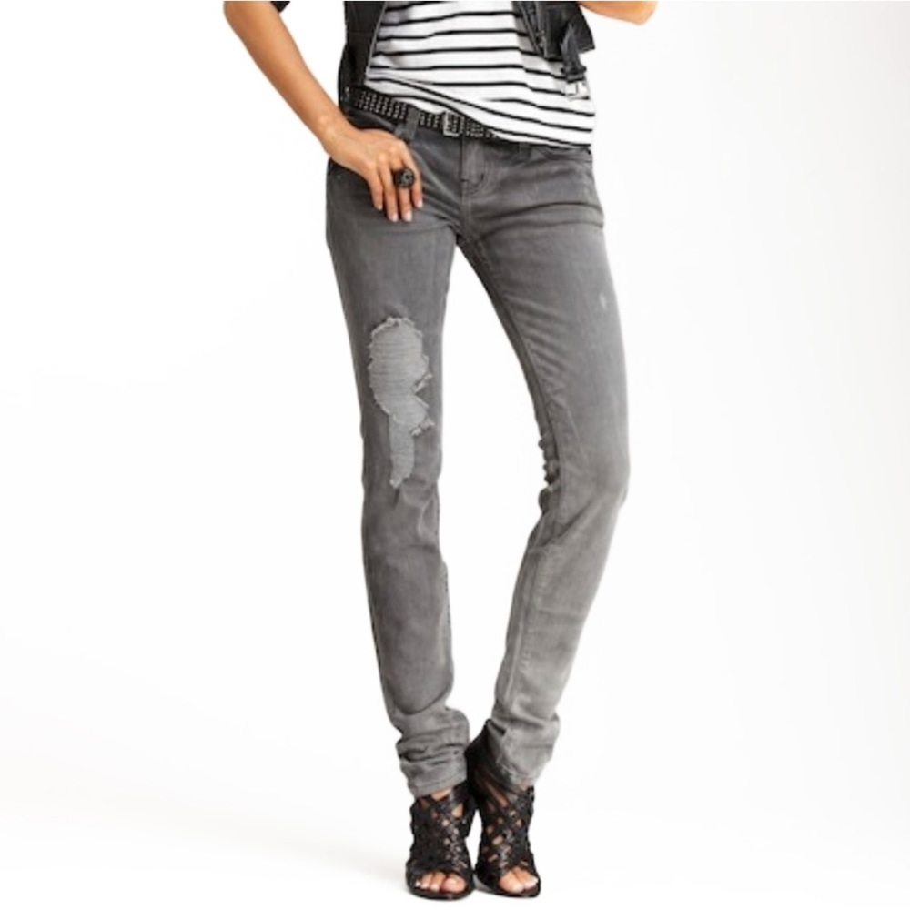Current/Elliott Destroyed Busted Knee Grunge Moto Gray Skinny Jeans